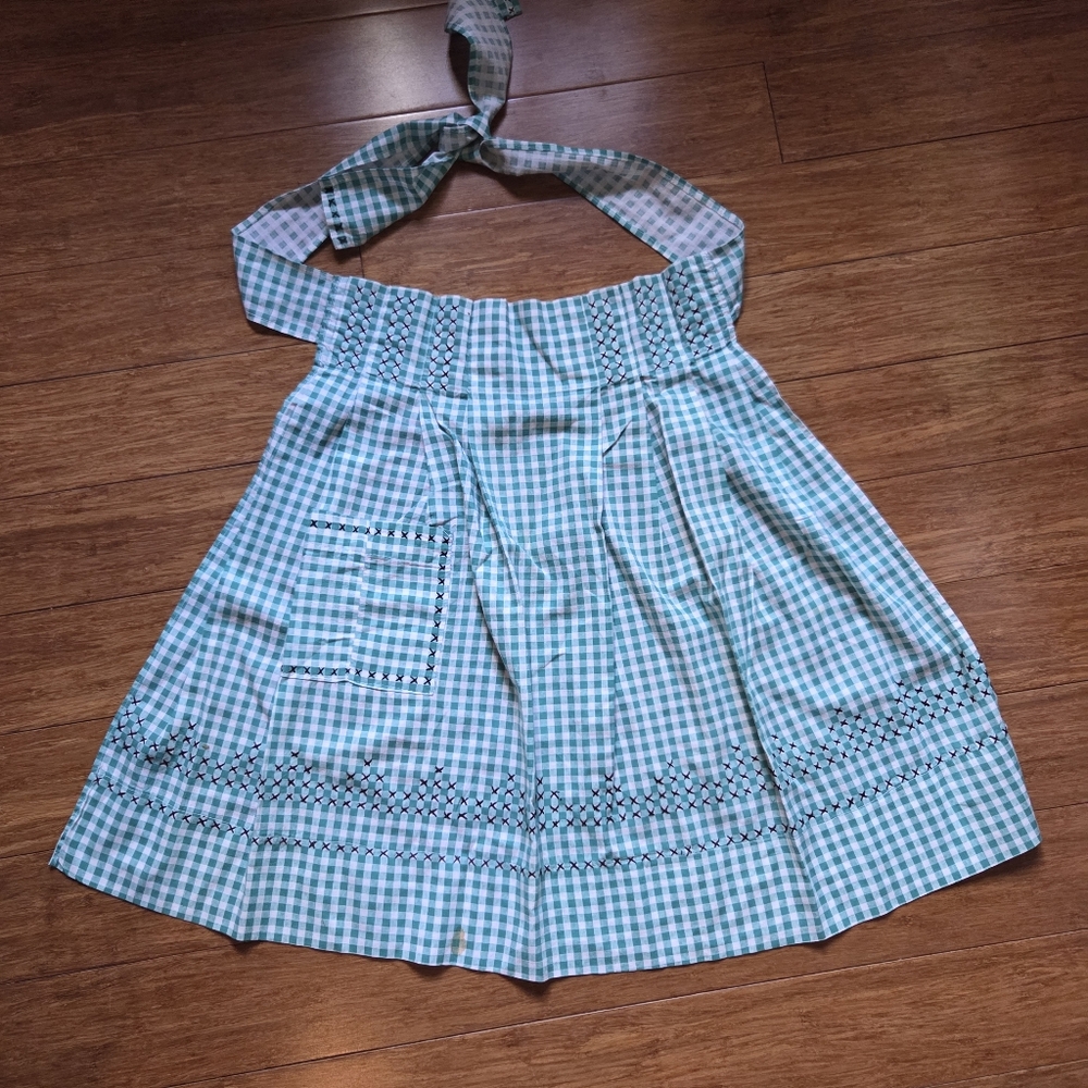 Vintage Teal and White Checkered Embroidered Apron (stain)
